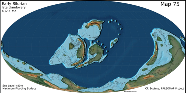 Reconstruction of the distribution of continents during the Early Silurian, about 432 million years ago.